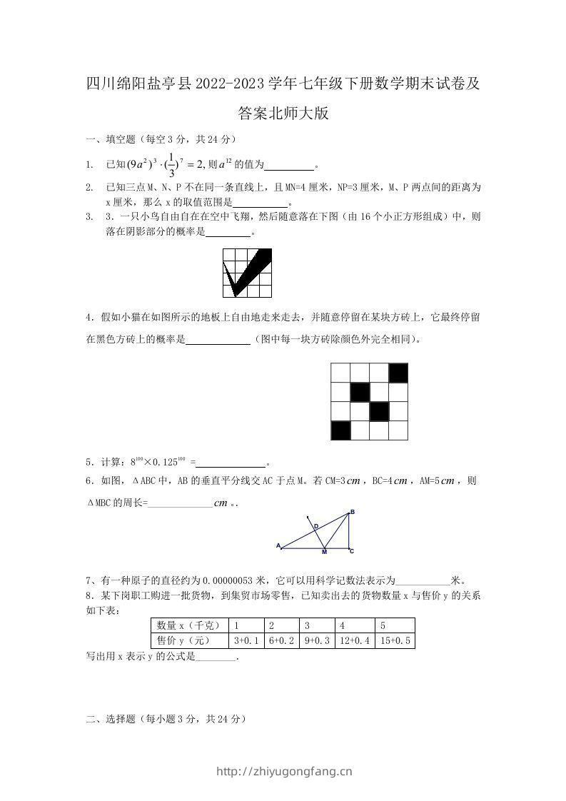四川绵阳盐亭县2022-2023学年七年级下册数学期末试卷及答案北师大版(Word版)-学习资料站