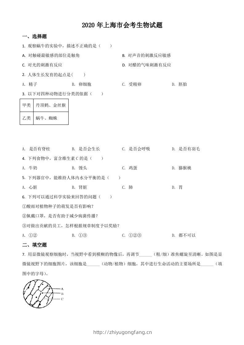 2020年上海市会考生物试题（空白卷）-学习资料站