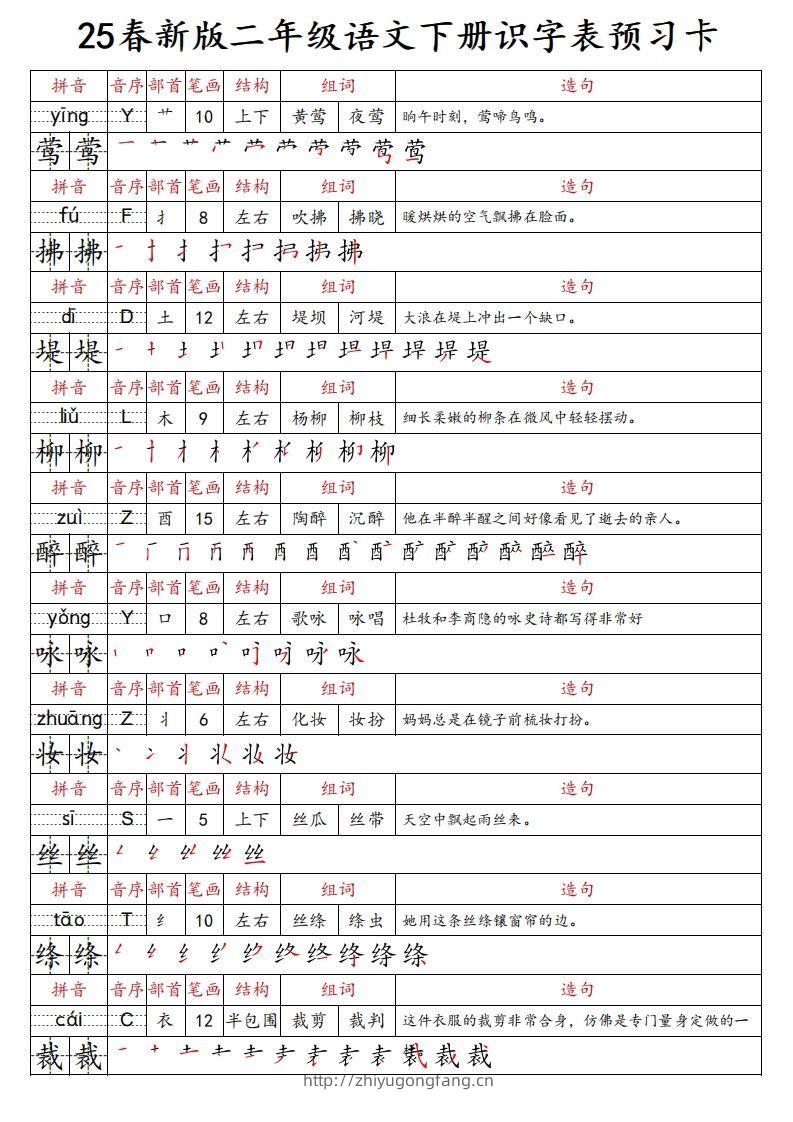 25春新二下语文识字表预习卡（组词造句拼音部首笔画笔顺结构）47页-学习资料站