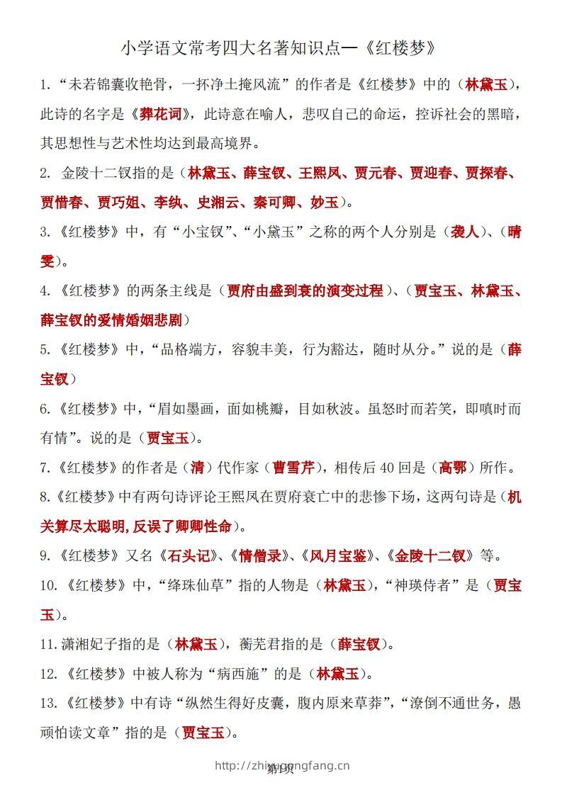 四大名著知识点汇总之《红楼梦》-学习资料站
