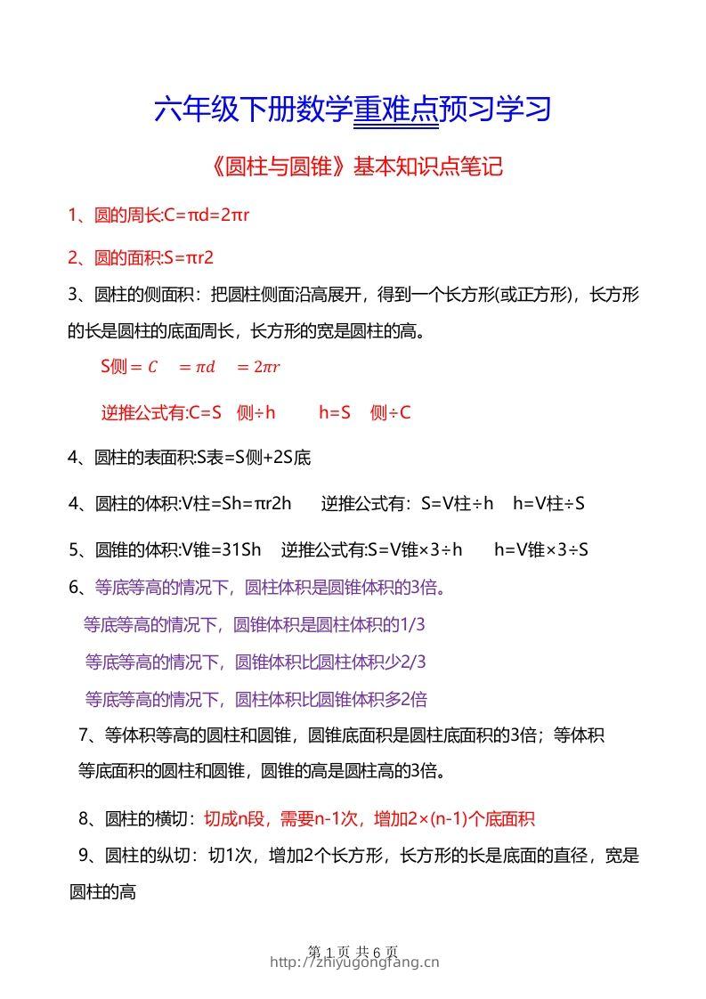 六年级下册数学重难点《圆柱与圆锥》-学习资料站