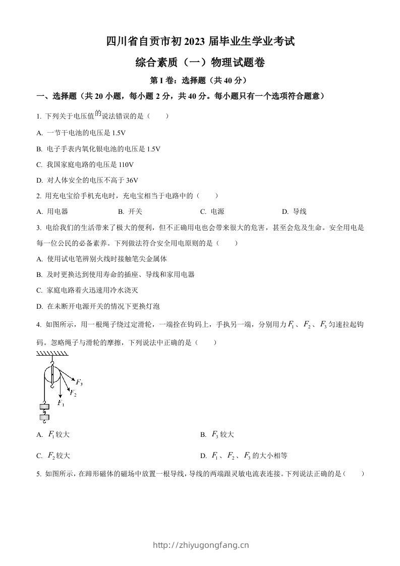2023年四川省自贡市中考物理试题（空白卷）-学习资料站