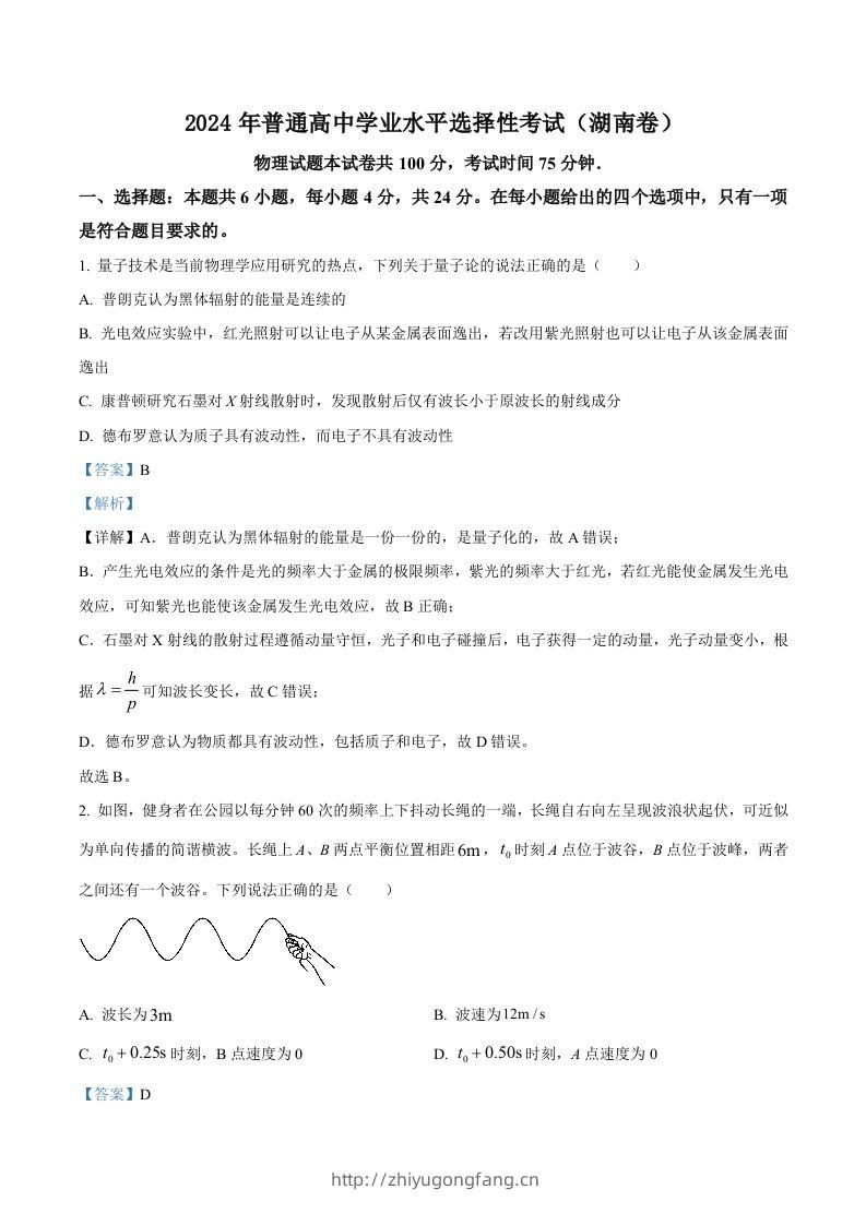 2024年高考物理试卷（湖南）（含答案）-学习资料站