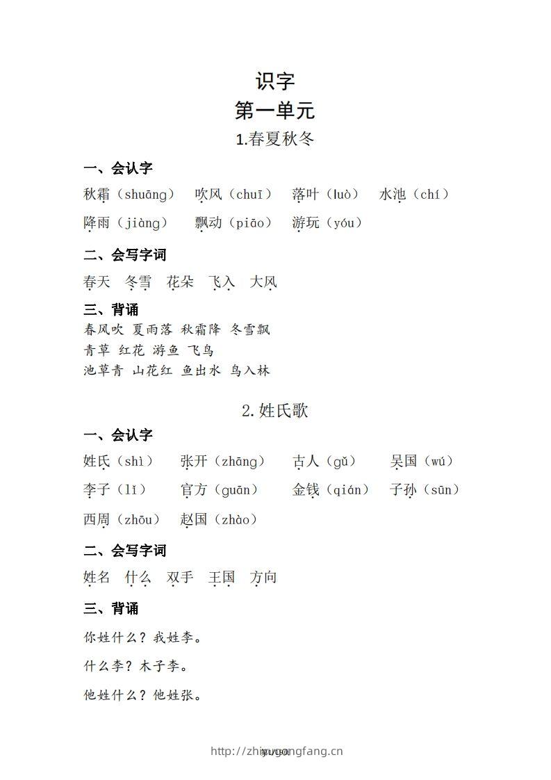 一年级（下册）知识清单-学习资料站