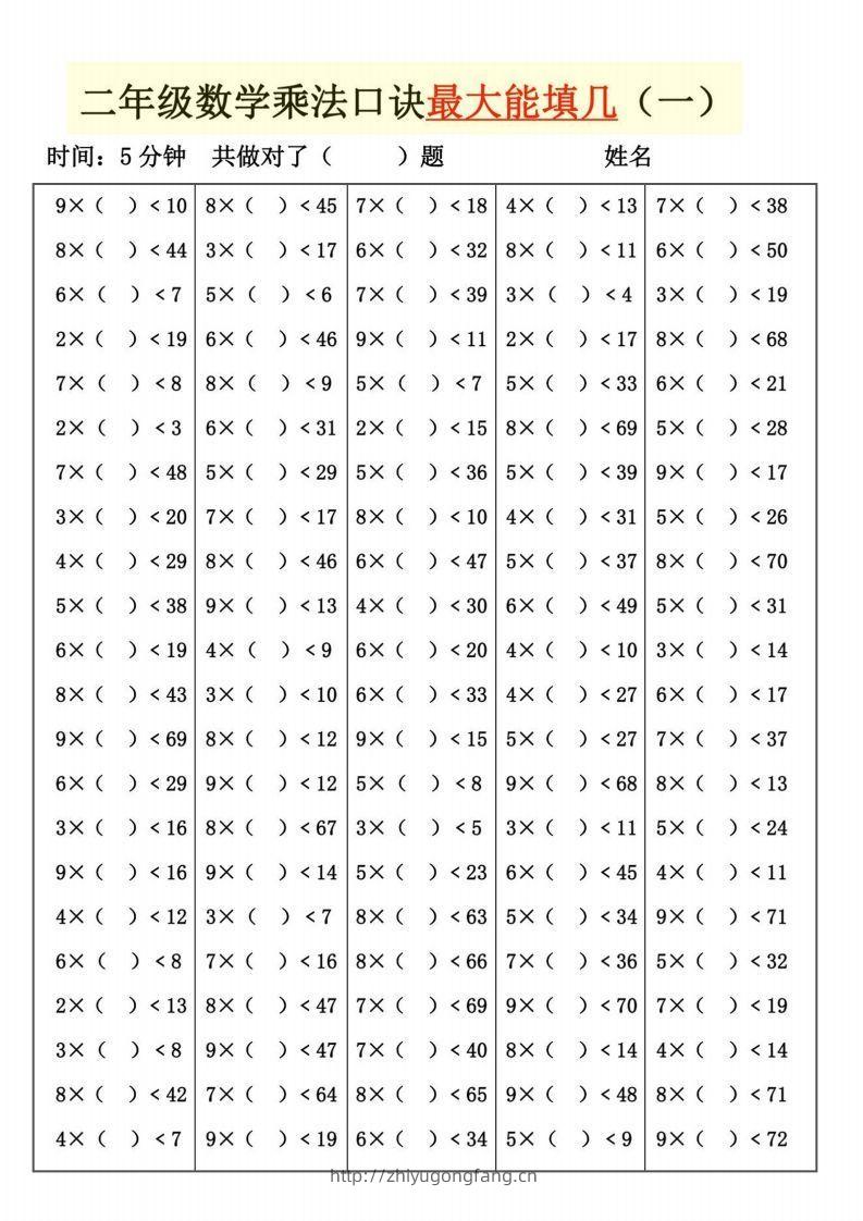 二上数学乘法口诀最大和最小能填几-学习资料站