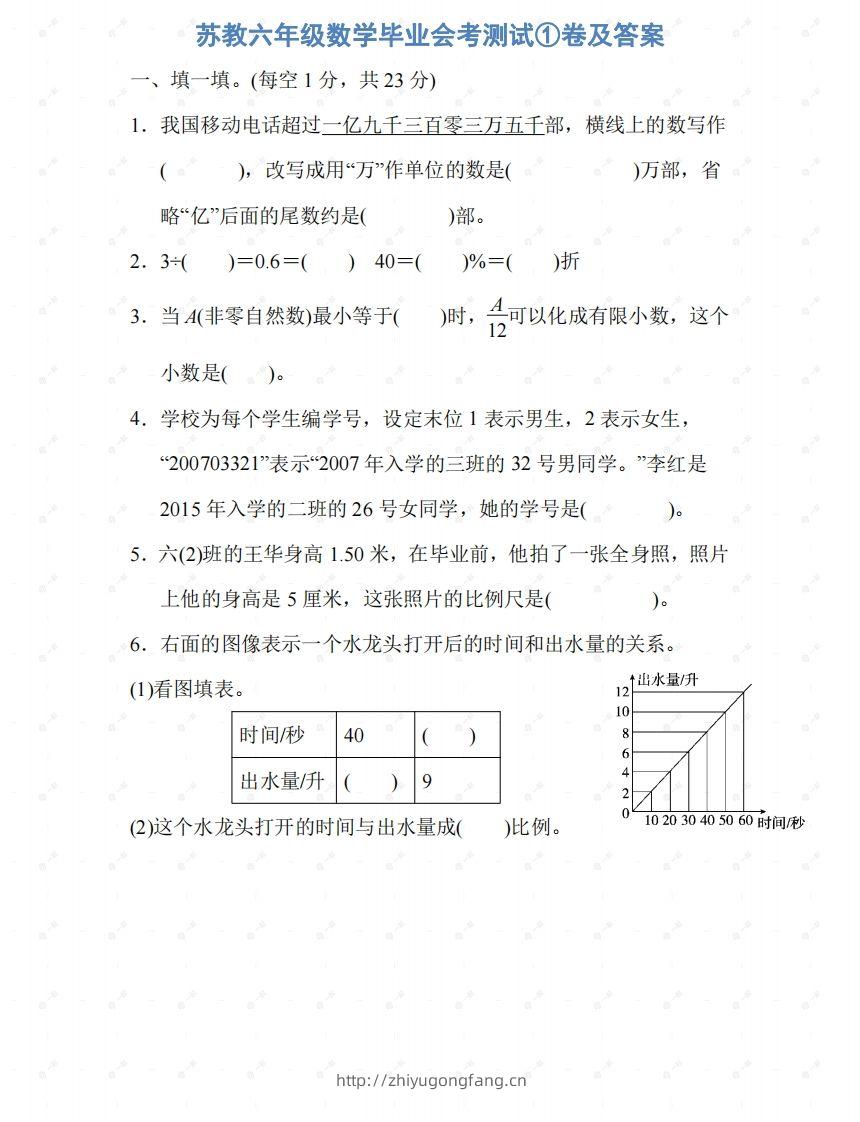 苏教六年级数学下册期末测试①卷及答案-学习资料站