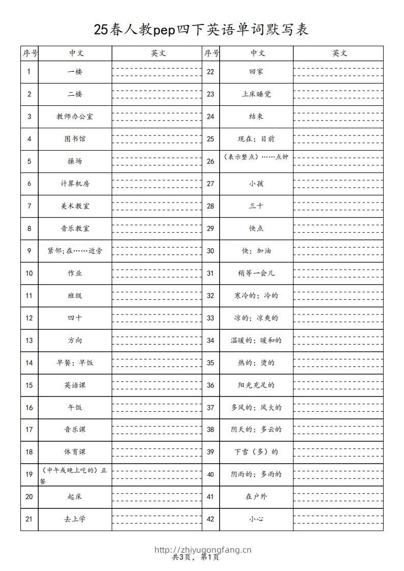 25春人教pep四下英语单词默写表（3页）-学习资料站