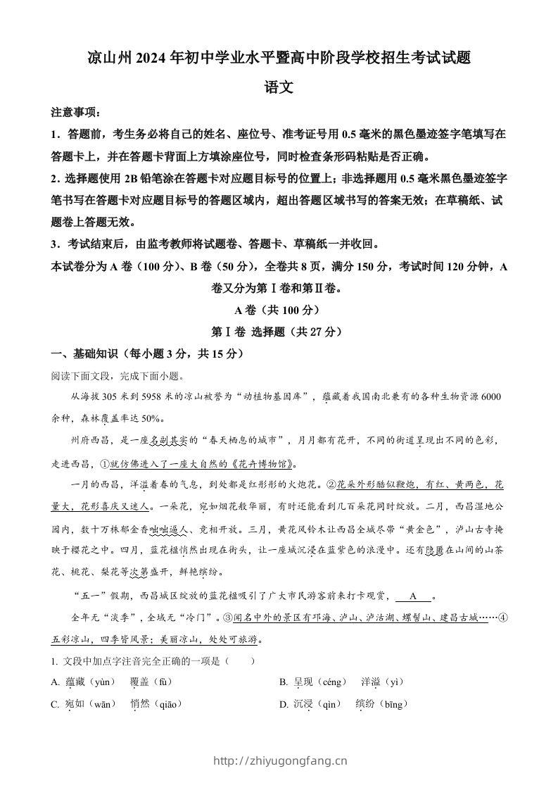 2024年四川省凉山州中考语文真题（含答案）-学习资料站
