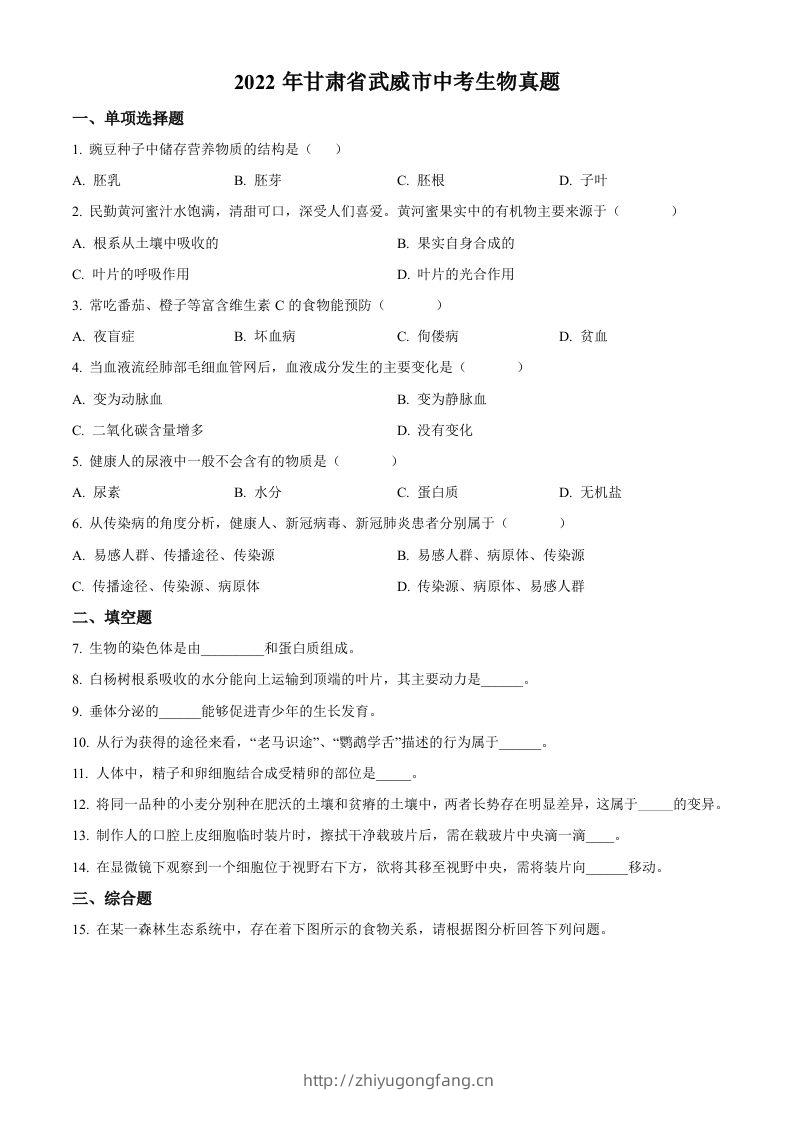 2022年甘肃省武威市中考生物真题（空白卷）-学习资料站