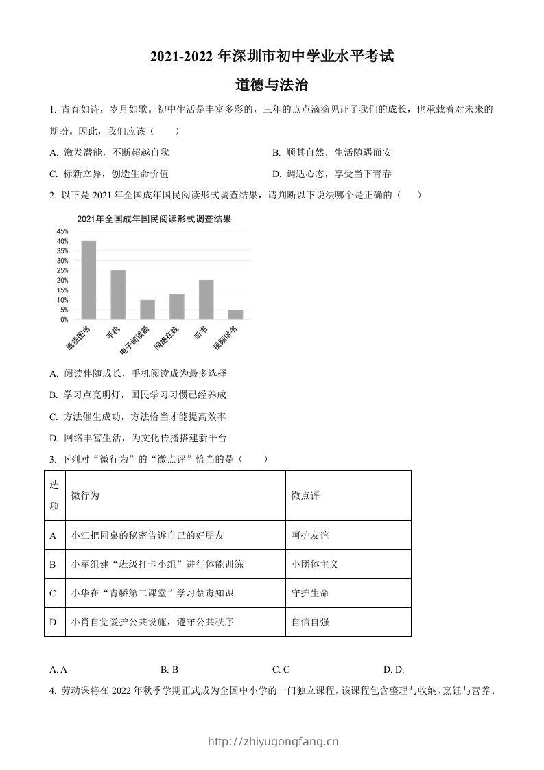 2022年广东省深圳市中考道德与法治真题（空白卷）-学习资料站
