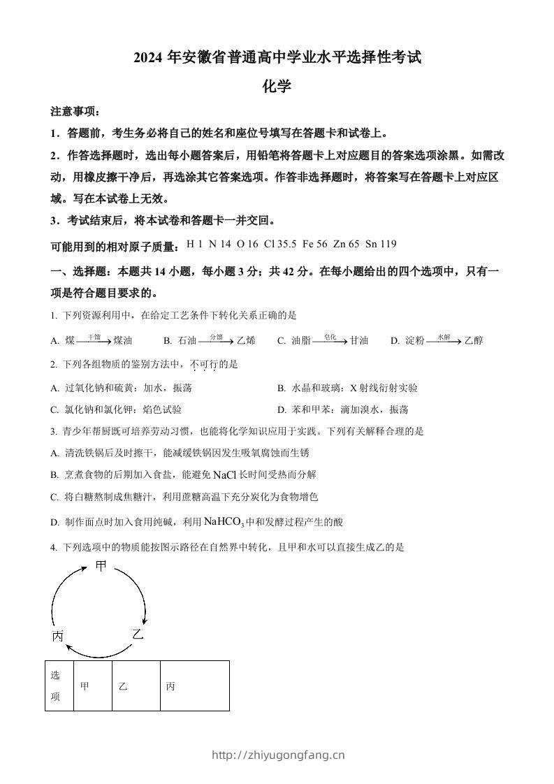 2024年高考化学试卷（安徽）（空白卷）-学习资料站