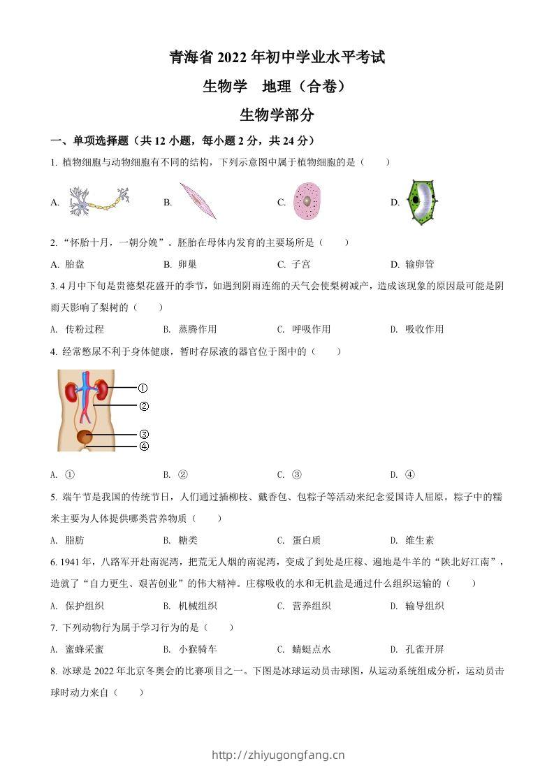 2022年青海省中考生物真题（空白卷）-学习资料站