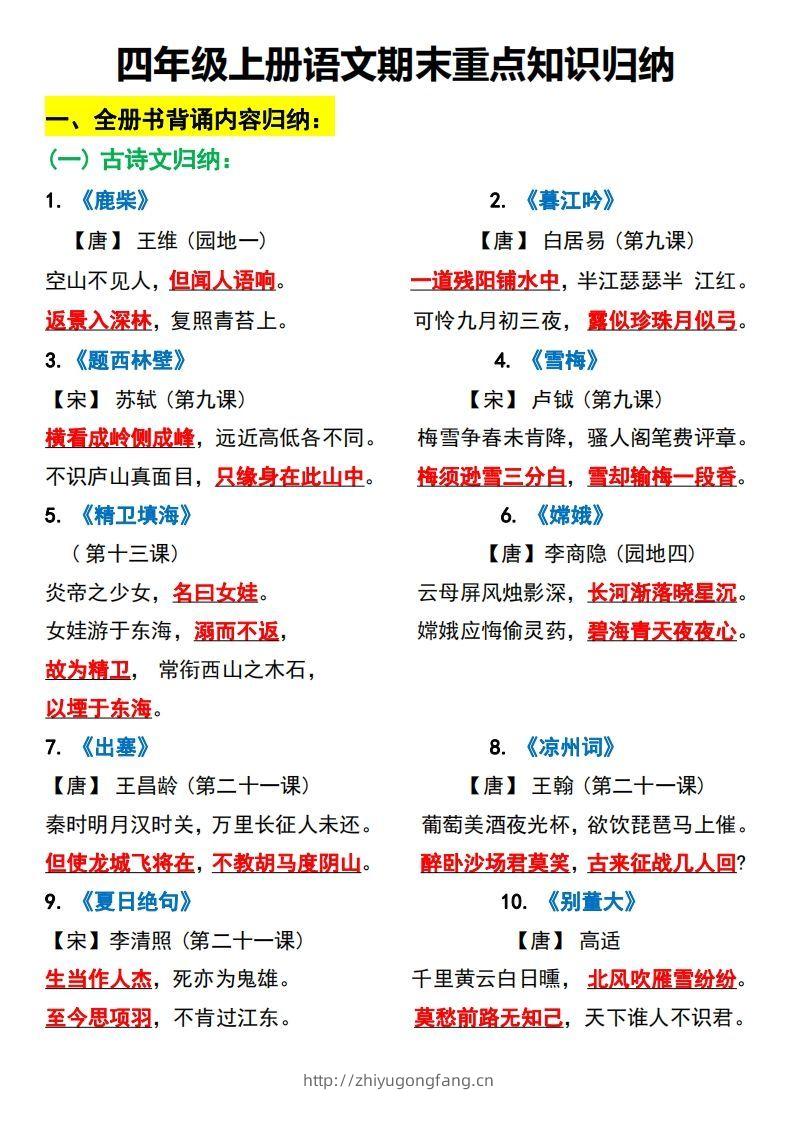 四上语文全册重点知识汇总-学习资料站