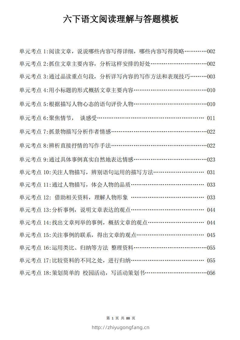 六下语文阅读理解与答题模板88页-学习资料站
