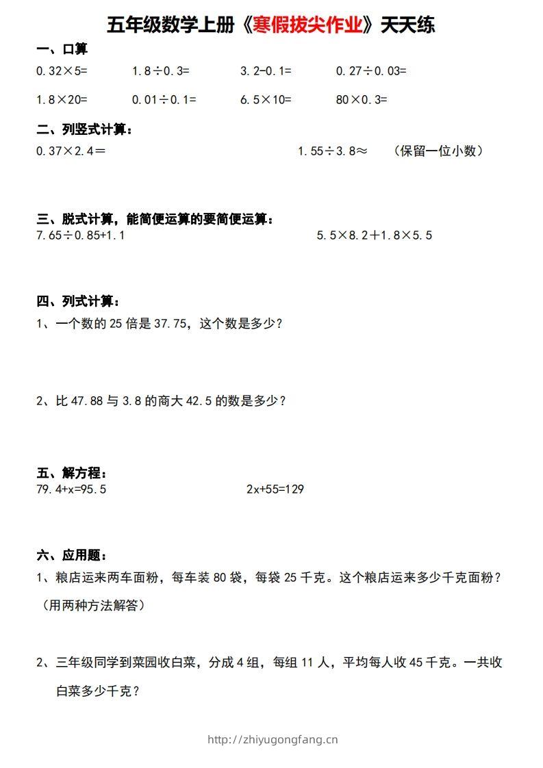 五年级下【数学寒假】拔尖作业天天练30天-学习资料站
