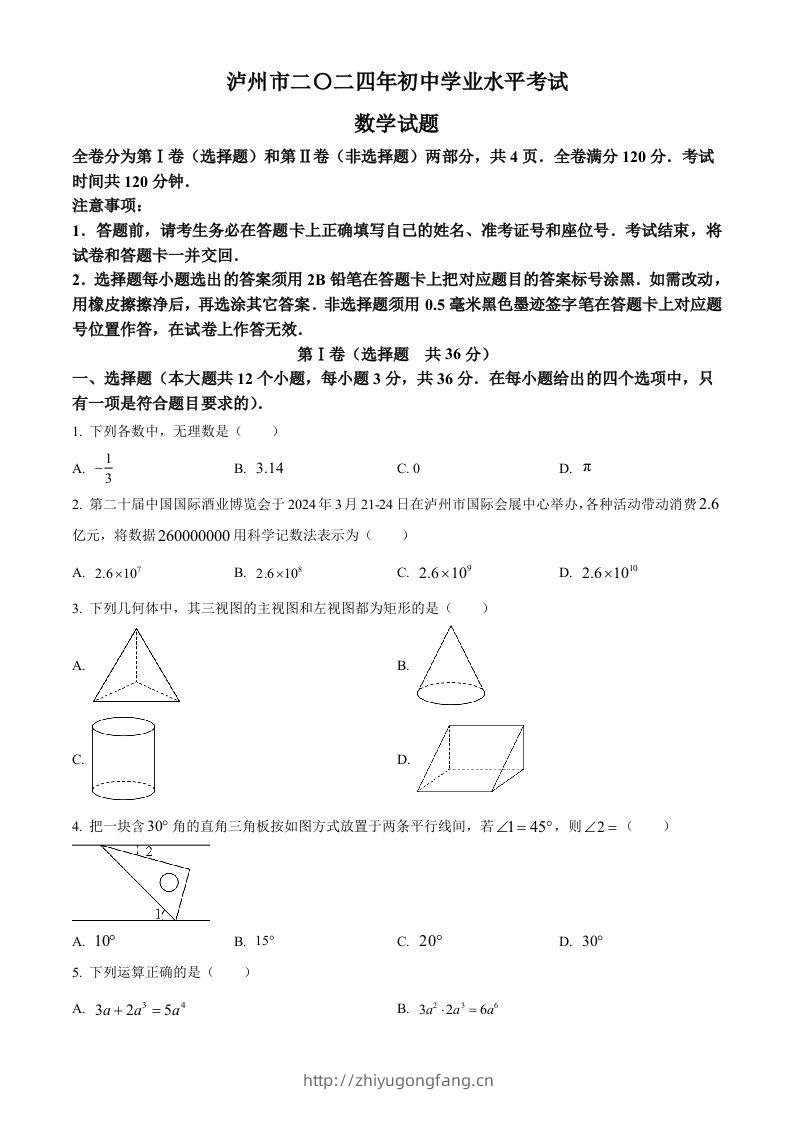 2024年四川省泸州市中考数学试题（空白卷）-学习资料站