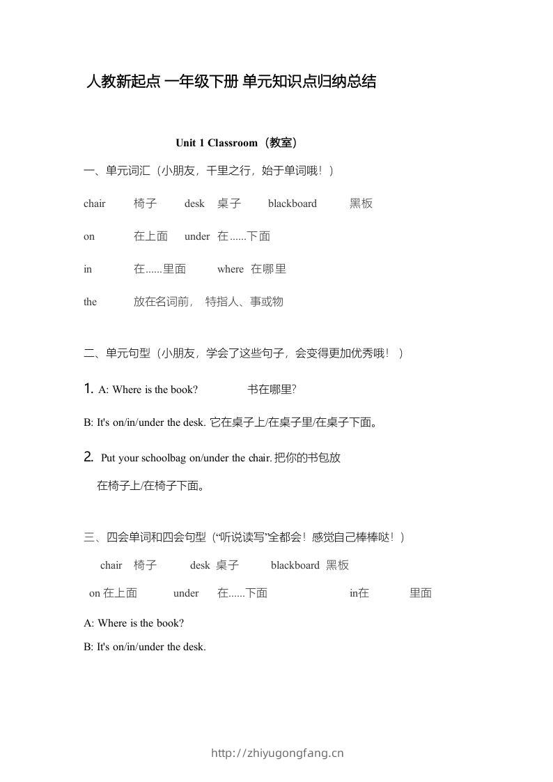 一年级英语下册一起点单元知识点归纳总结-学习资料站