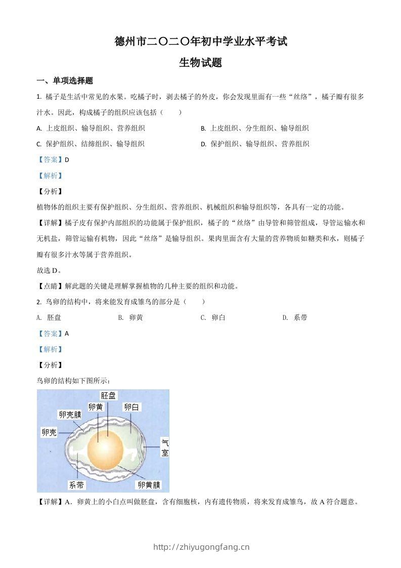 山东省德州市2020中考生物试题（含答案）-学习资料站