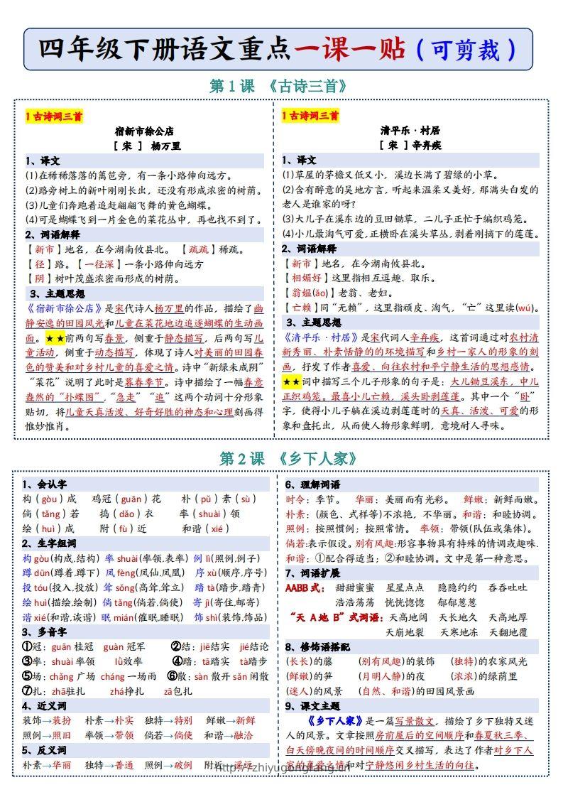 图片[2]-四年级下语文彩色重点一课一贴-学习资料站