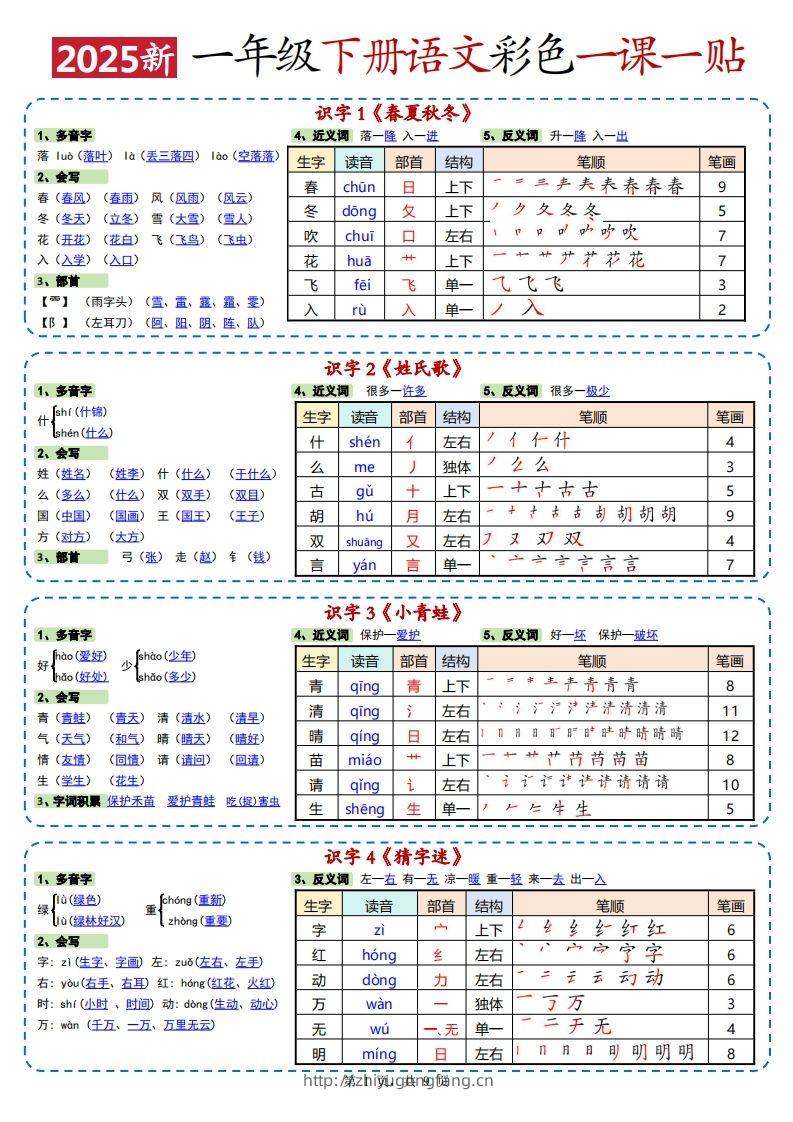 25春新一下语文彩色一课一贴高清（9页）-学习资料站