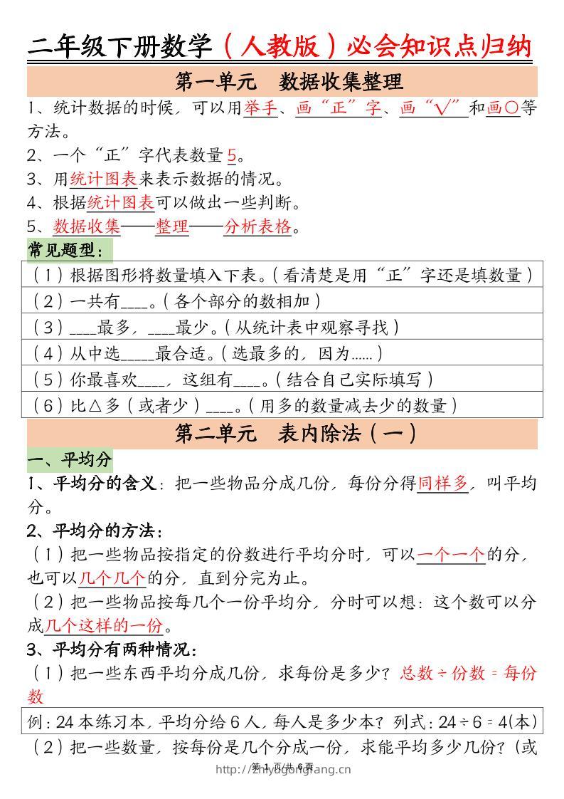 二下数学【人教版】必会【知识点】归纳总结6页-学习资料站