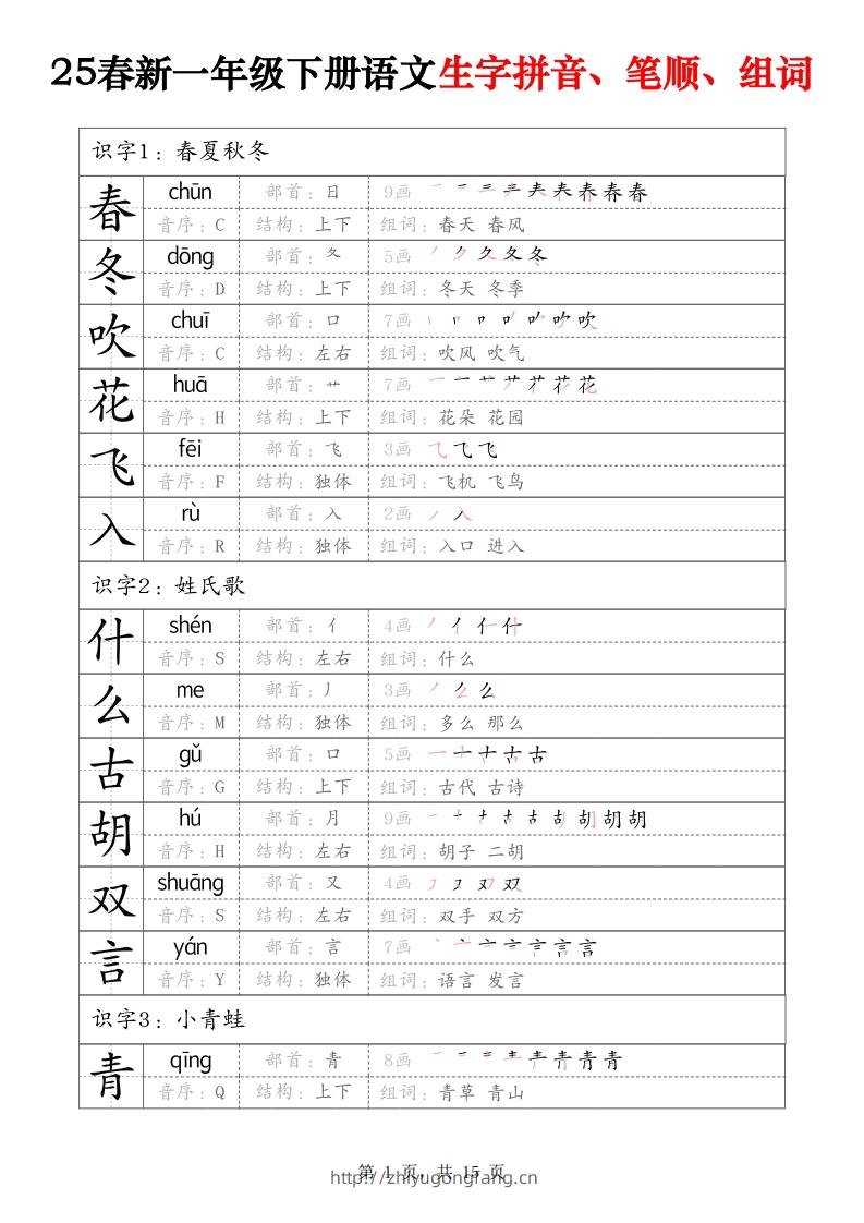 25春新一下语文生字拼音、笔顺、组词（15页）-学习资料站