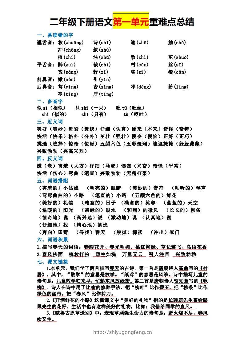 【全册单元重难点总结】二下语文-学习资料站