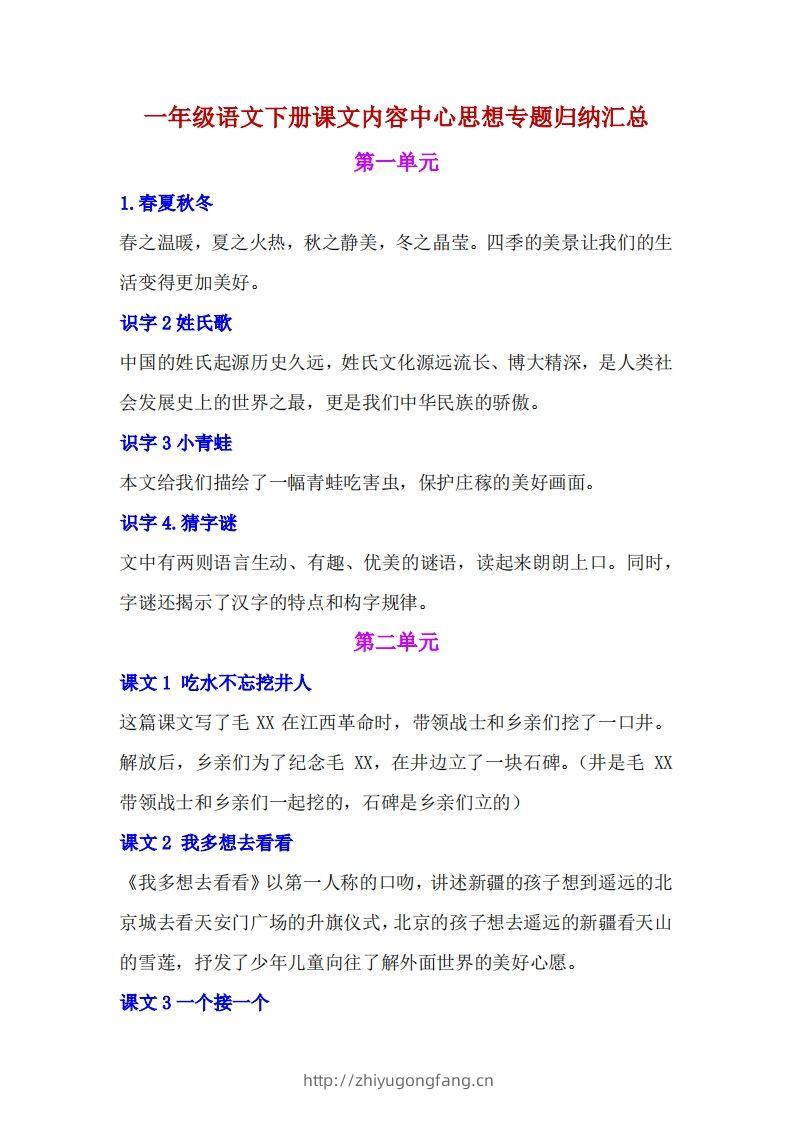 一年级语文下册课文内容中心思想专题归纳汇总-学习资料站