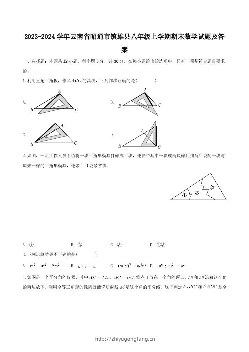 2023-2024学年云南省昭通市镇雄县八年级上学期期末数学试题及答案(Word版)-学习资料站