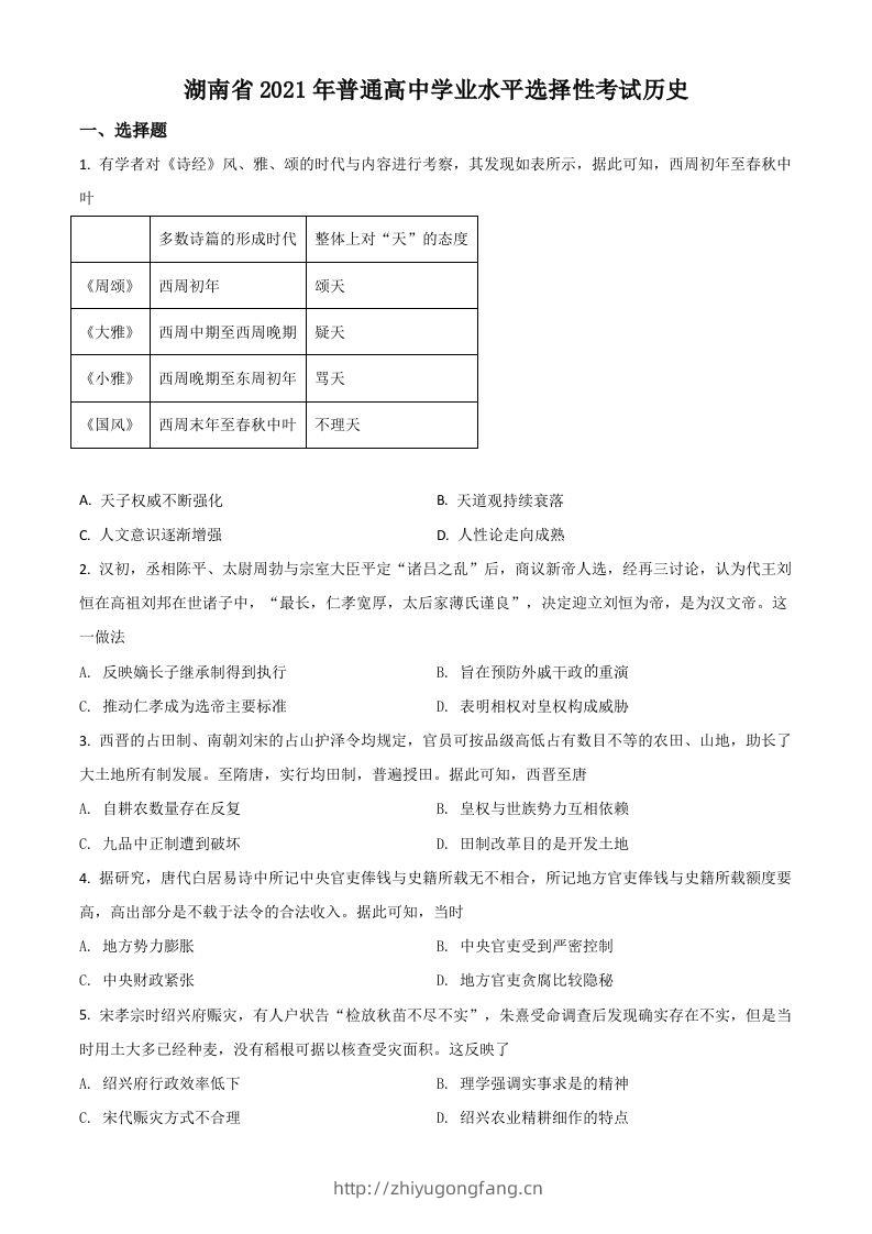 2021年高考历史试卷（湖南）（空白卷）-学习资料站