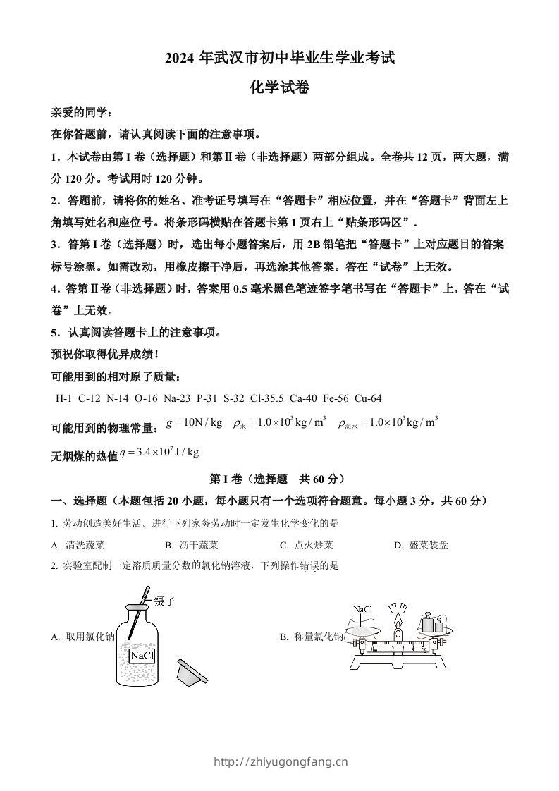 2024年湖北省武汉市中考化学真题（空白卷）-学习资料站