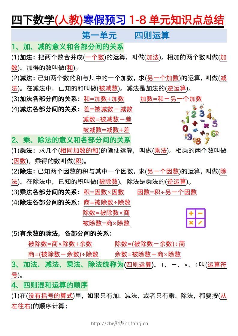 四下数学(人教)寒假预习1-8单元知识点总结（14页）-学习资料站