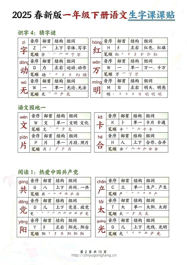 图片[2]-【生字课课贴】【25春新一下语文生字课课贴(13页校对版)-学习资料站