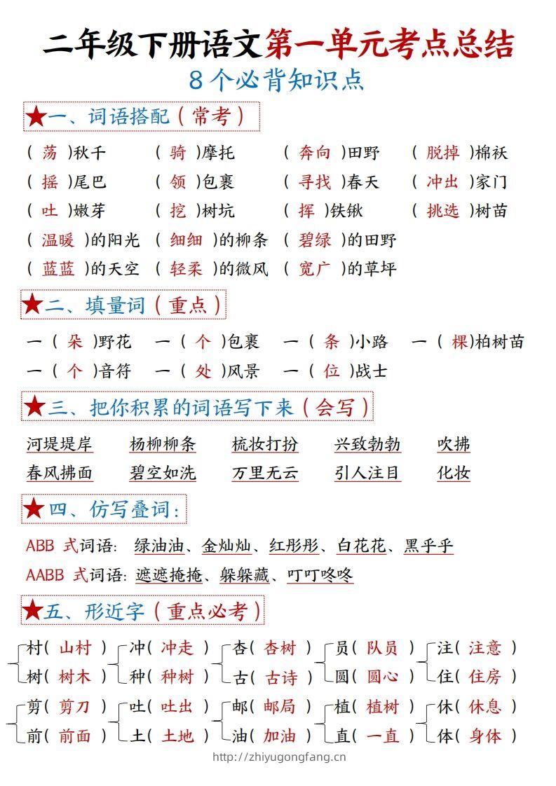 二下语文1-8单元【考点总结】（8个必背知识点+练习）42页-学习资料站