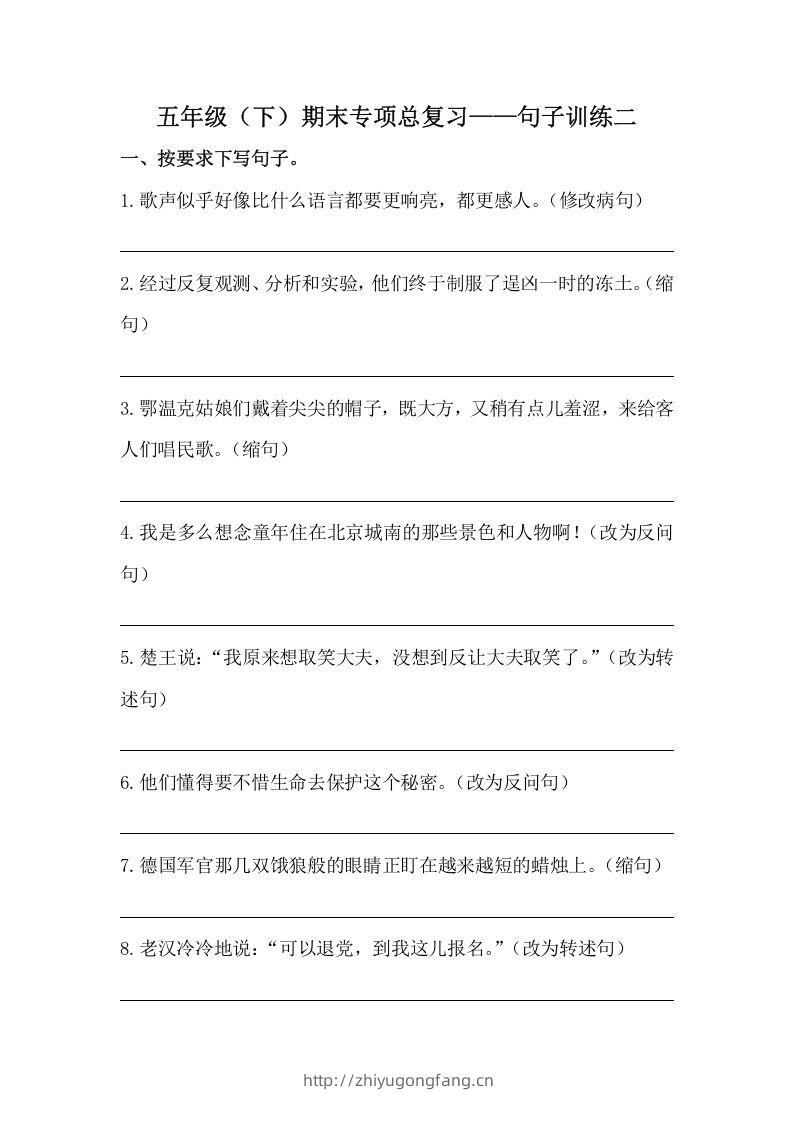 五年级语文下册期末句子训练专项训练（二）（含答案）（部编版）-学习资料站