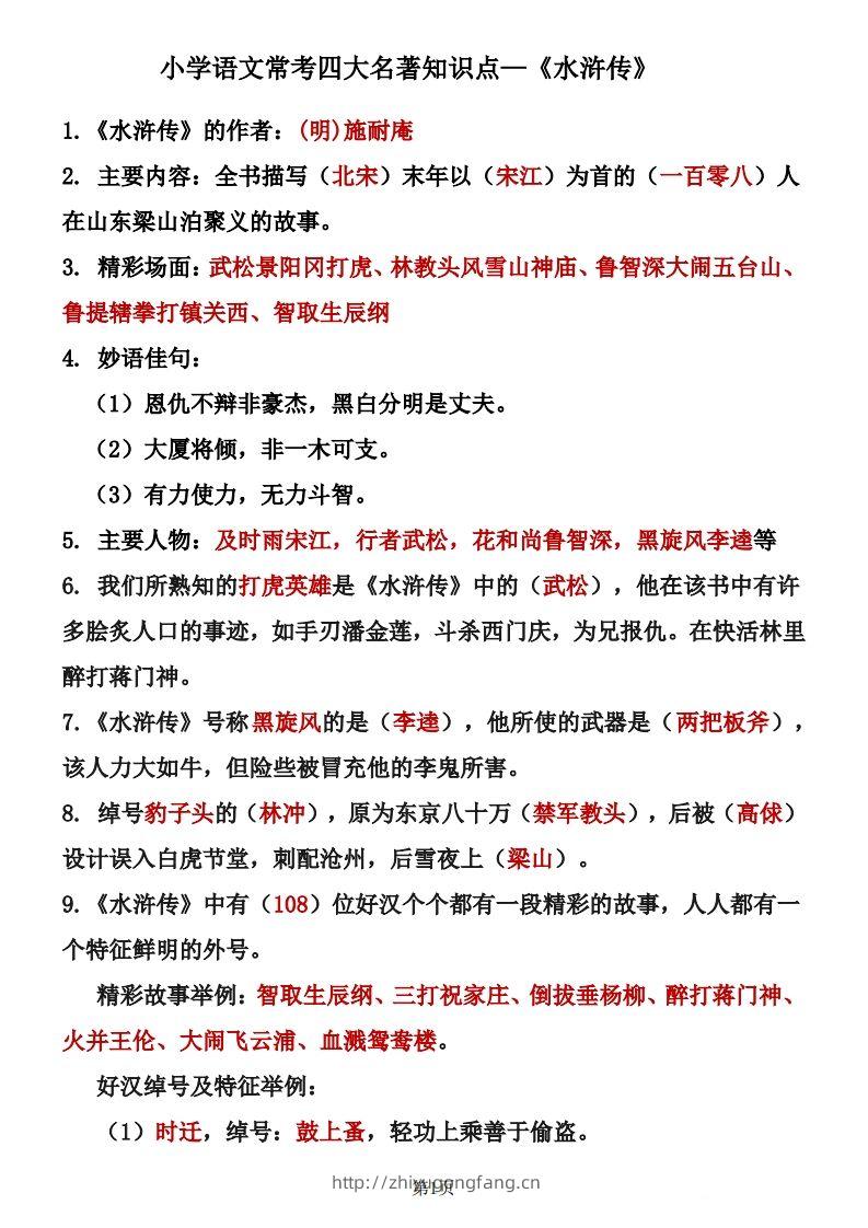 四大名著知识点汇总之《水浒传》-学习资料站