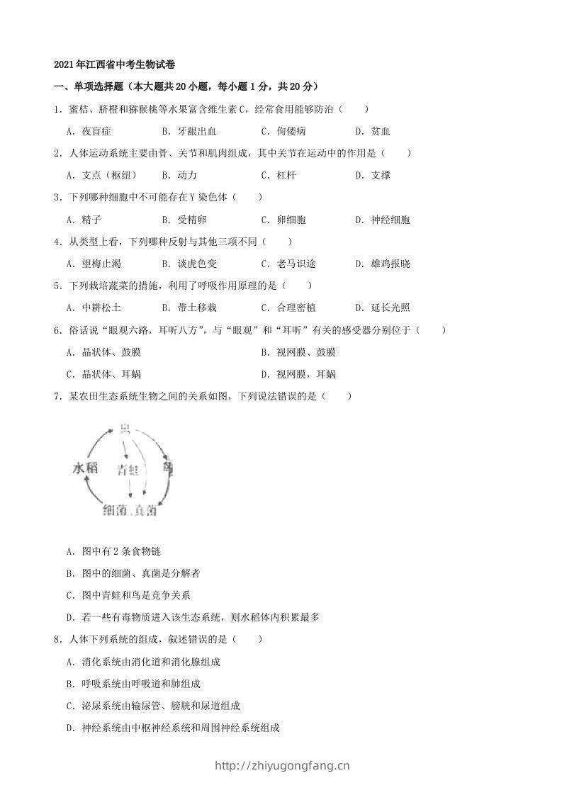 2021年江西省中考生物真题（word版，含解析）-学习资料站