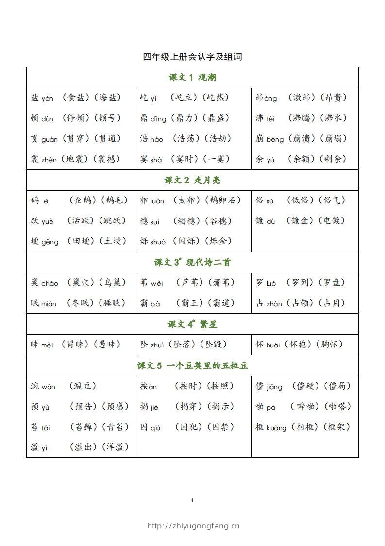 四（上）语文识字表生字组词-学习资料站