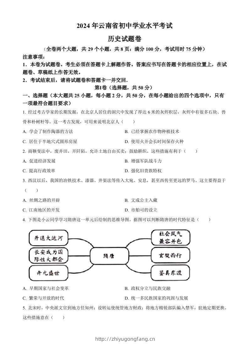 2024年云南省中考历史真题（空白卷）-学习资料站