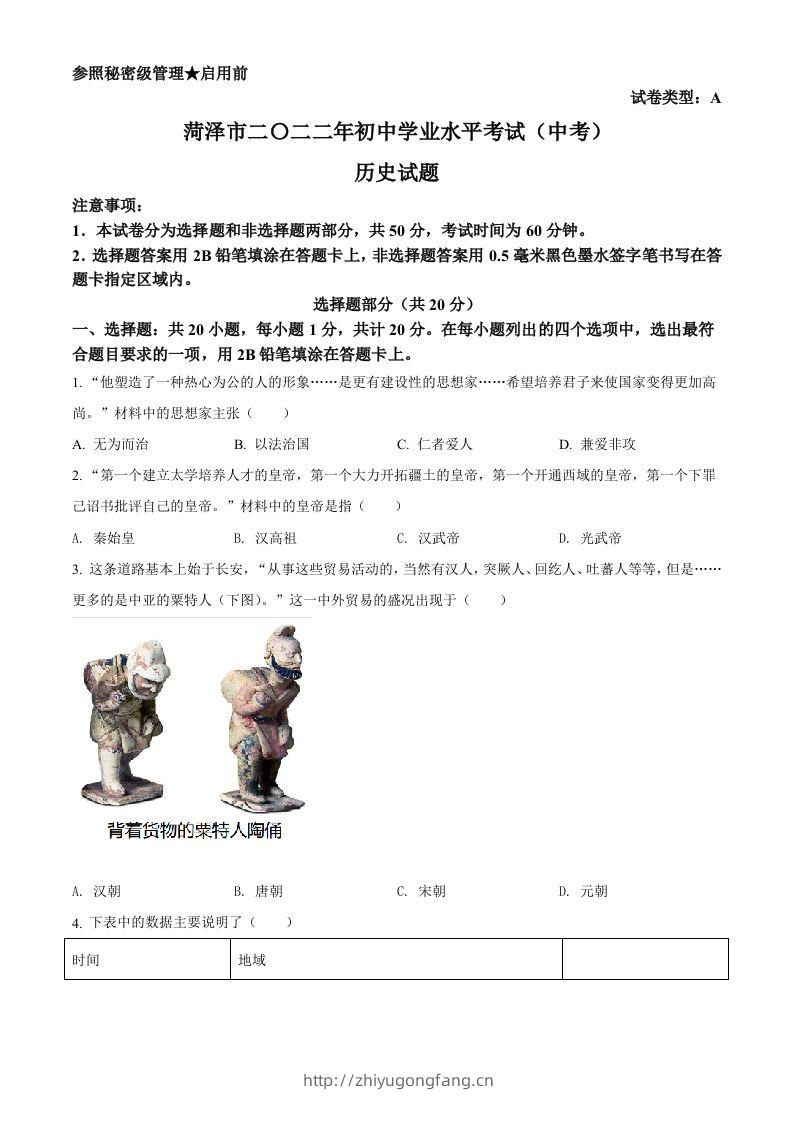 2022年山东省菏泽市中考历史真题（空白卷）-学习资料站