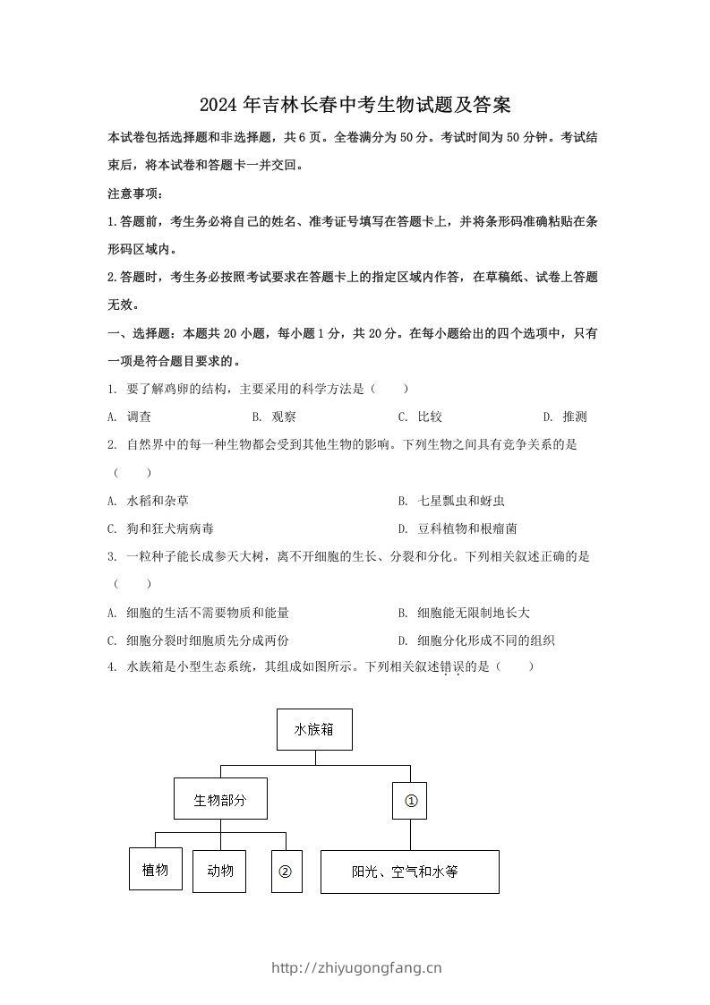 2024年吉林长春中考生物试题及答案(Word版)-学习资料站
