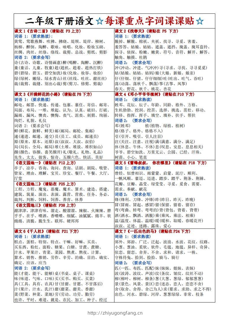 新二下语文每课重点字词课课贴4页-学习资料站