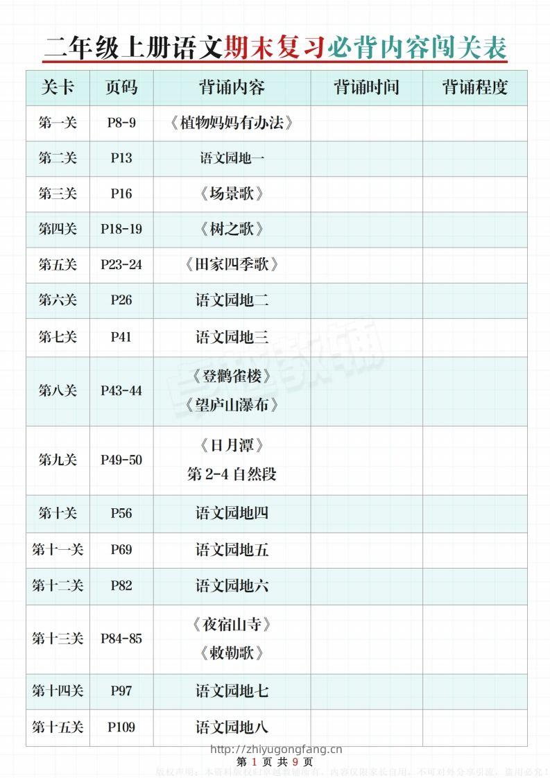 【期末复习必背内容闯关表】二上语文-学习资料站