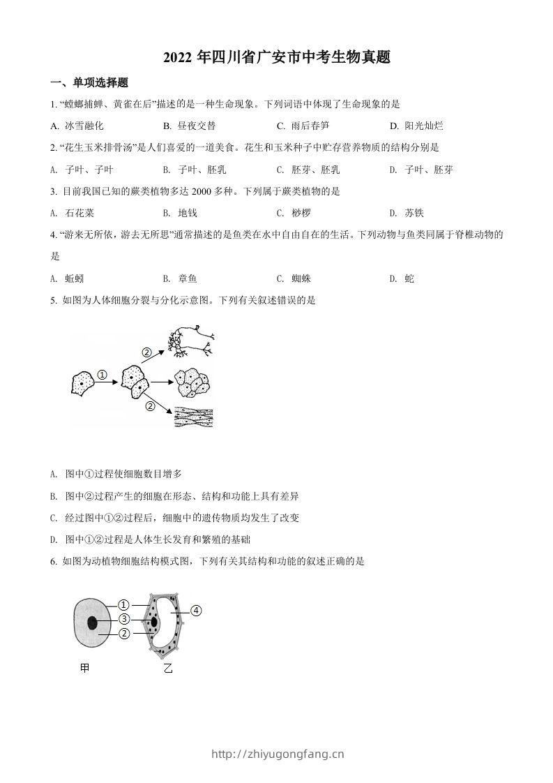 2022年四川省广安市中考生物真题（空白卷）-学习资料站