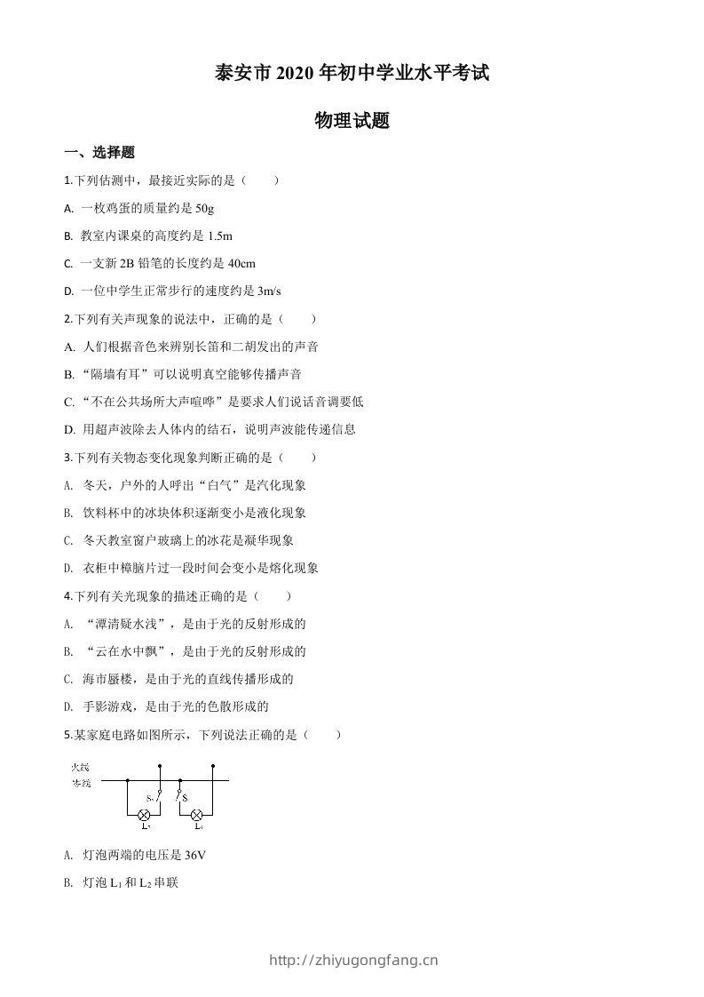 2020年山东省泰安市中考物理试题（空白卷）-学习资料站