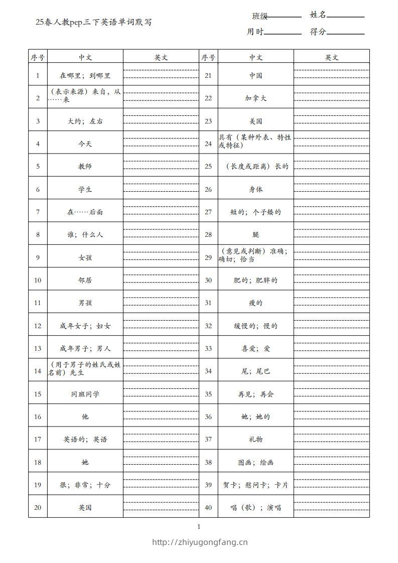 25春人教pep三下英语单词默写表（3页）-学习资料站
