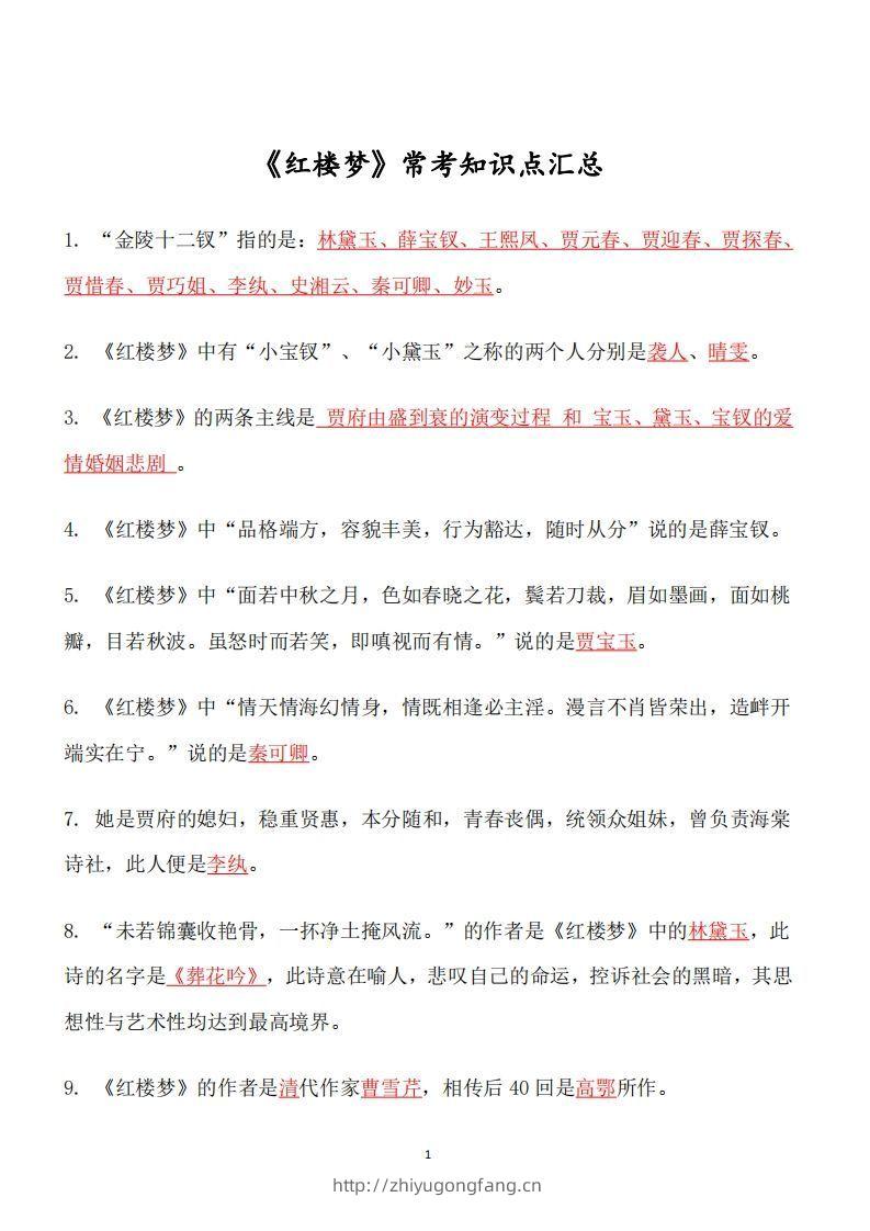 四大名著必考知识点《红楼梦》_知识点-学习资料站