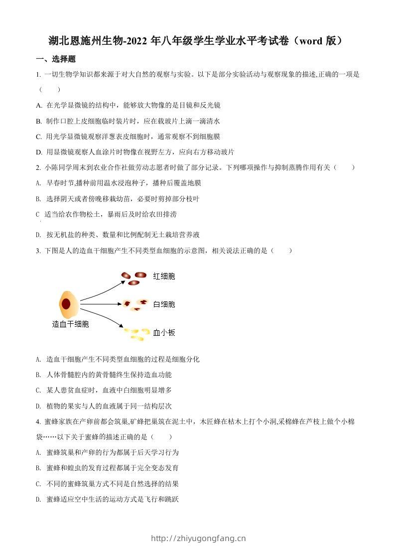 2022年湖北省恩施州中考生物真题（空白卷）-学习资料站