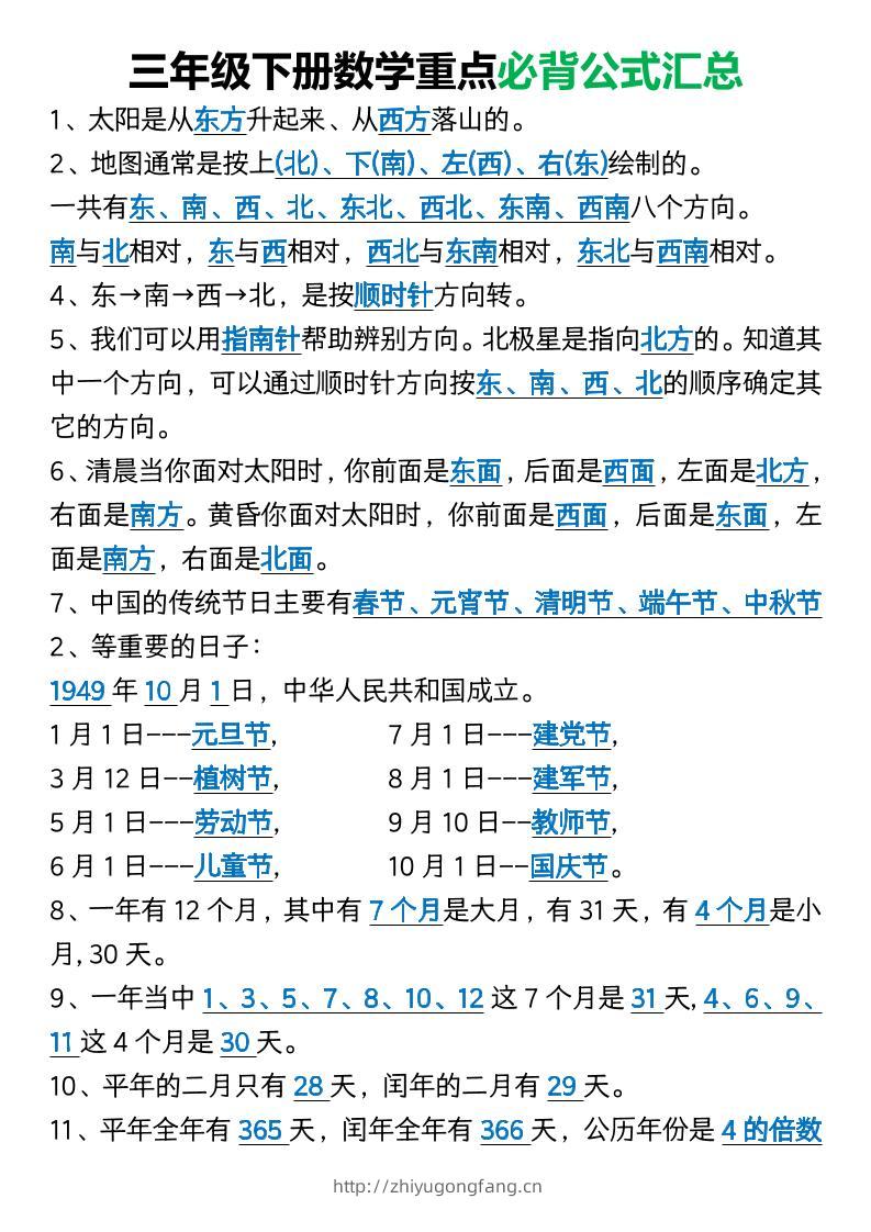 三年级下册数学重点必背公式汇总1-学习资料站