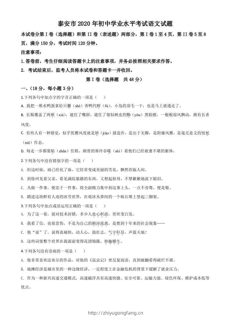山东省泰安市2020年中考语文试题（空白卷）-学习资料站